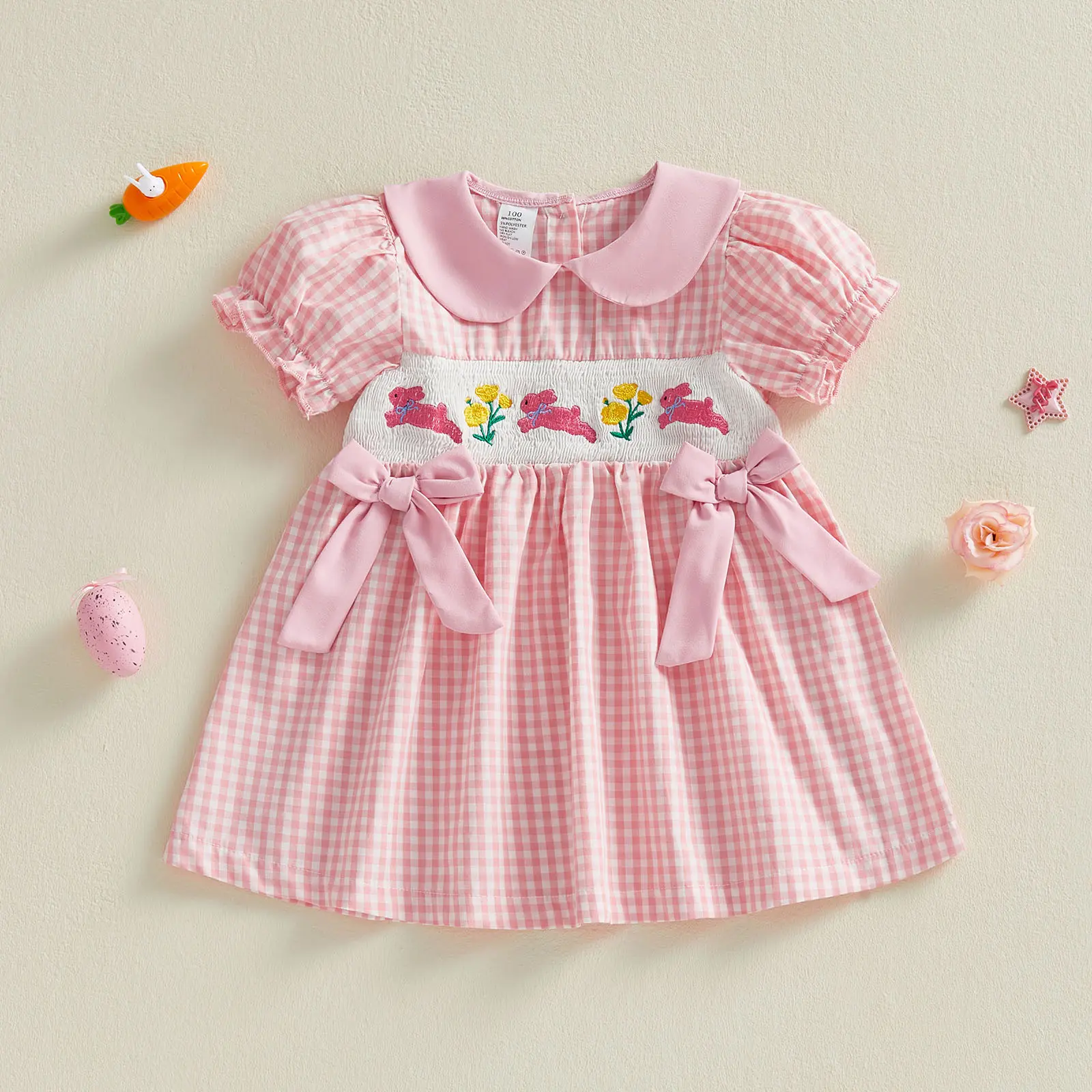 Toddler Baby Little Kids Girl Easter Dress Puff Sleeve Doll Collar Plaid Embroidery Bunny Summer Dress Clothes 6M-6Y