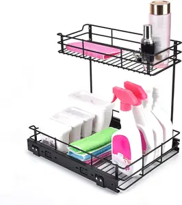 Gulongome Pull out Cabinet Organizer,Under Sink Organizer,2 Tier Sliding Wire Drawer,More Strong Material for Kitchen Slide Out Storage Shelf - 12.6W * 16.53D * 15.35H (Black) Rack Installation