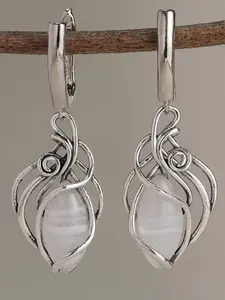 1 Pair Fashionable Boho Style Hollow out Design Opal Stone Metal Dangle Earrings, Droplet Shaped Pendant Earrings, Fashion Jewelry for Women & Girls