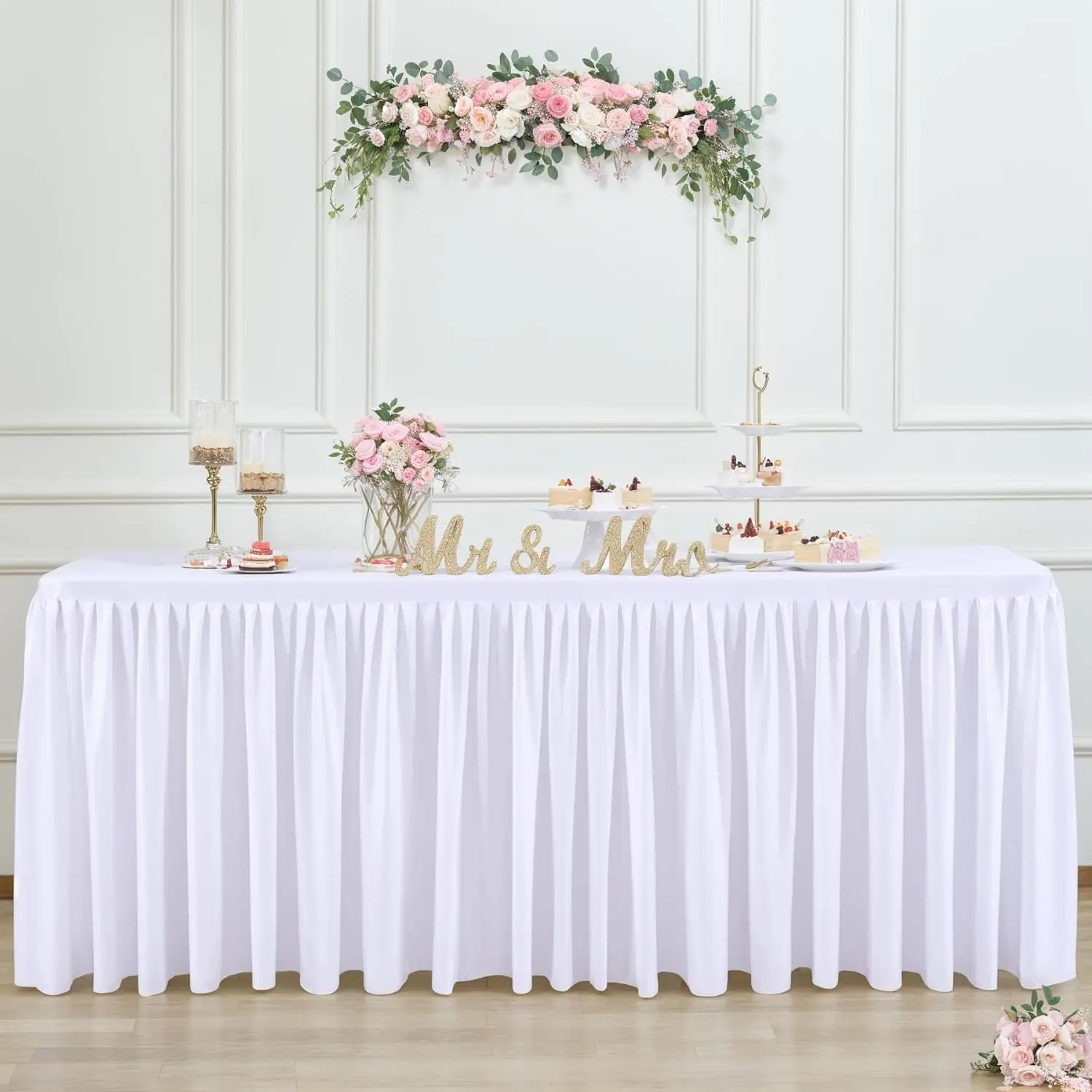 White Table Cloths for 6 foot Rectangle Tables Fitted Open  Stretch White Ruffle Tablecloth for Craft Show Birthday Party Wedding Spandex Trade Show Desk Table Cover for Banquet Events Decorations