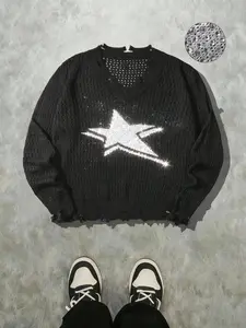 Men's Punk Style Hollow Out Pullover Sweater, Casual Fashion Long Sleeve Top, Comfortable and Stylish Knitwear for Daily Wear