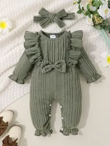 2-piece Set Of Baby Girl Soft, Comfortable, Breathable, Clean Color, Front Bow, Ruffle Details, Jumpsuit, Headband, Sweet And Cute