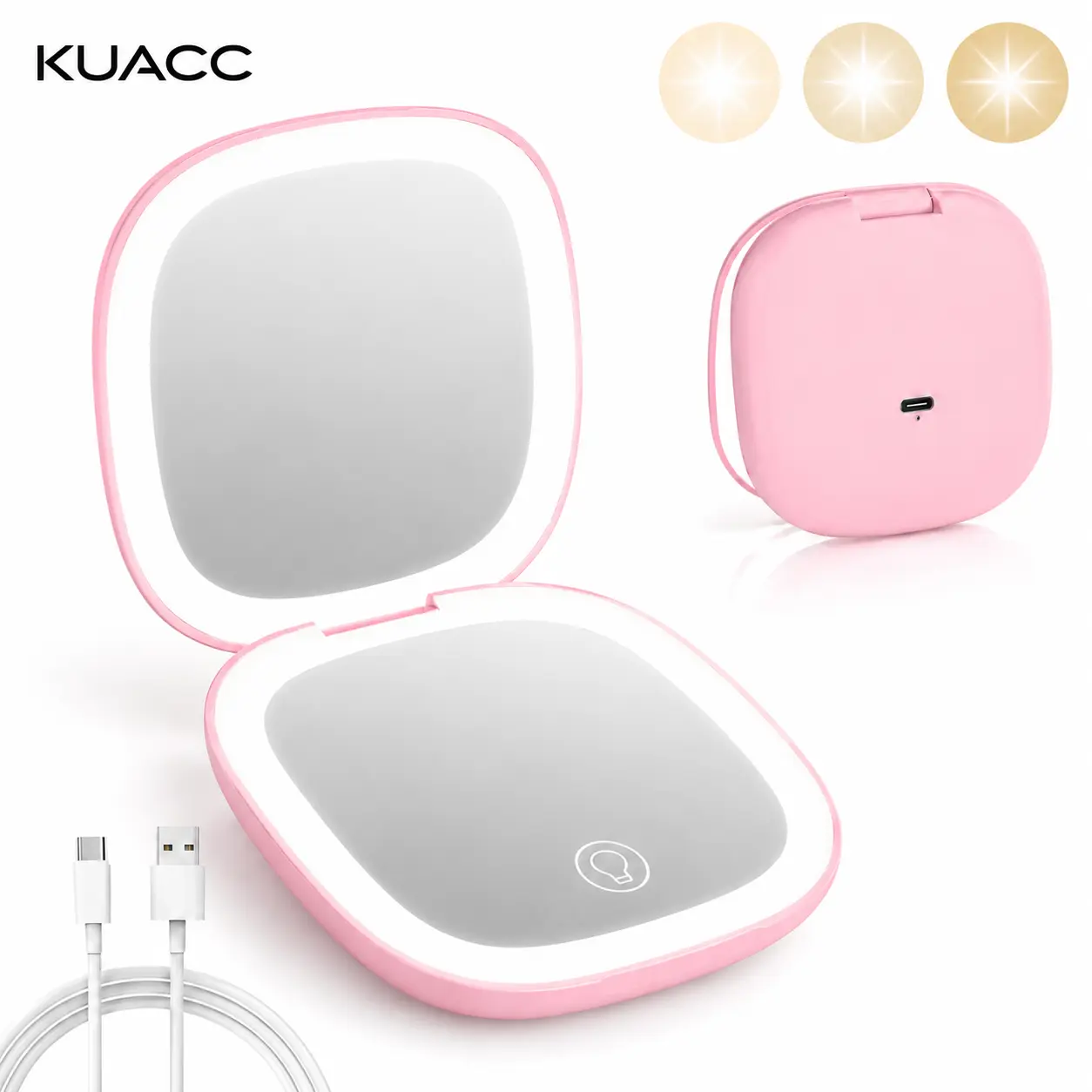 KUACC Rechargeable Portable LED Light Pocket Mirror, 1X/3X Magnification Compact Travel Cosmetic Mirror with Light for Purse, 2-Sided, Folding, Handheld, Illuminated Mirror,Travel Hand Mirror