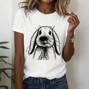 Womens Cotton Graphic Tee Cute Easter Bunny Sketch Print Shirt Holiday Aesthetic Retro Style Spring Casual Streetwear Soft Breathable Short Sleeve Crewneck Everyday Wear Easter Day Outfit Gift Idea Trendy Seasonal Top
