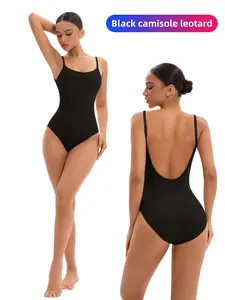 Women's Dance Unitard, Adjustable Straps Black and Nude Color Seamless Camisole Leotard, Suitable for Ballet Gymnastics Training