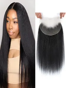13x4 Lace Closure Frontal 150% Density Kinky Straight Brazilian Human Hair Unprocessed 10A Yaki Straight Virgin Hair 13x4 Ear to Ear Lace Frontal with Baby Hair Natural Color