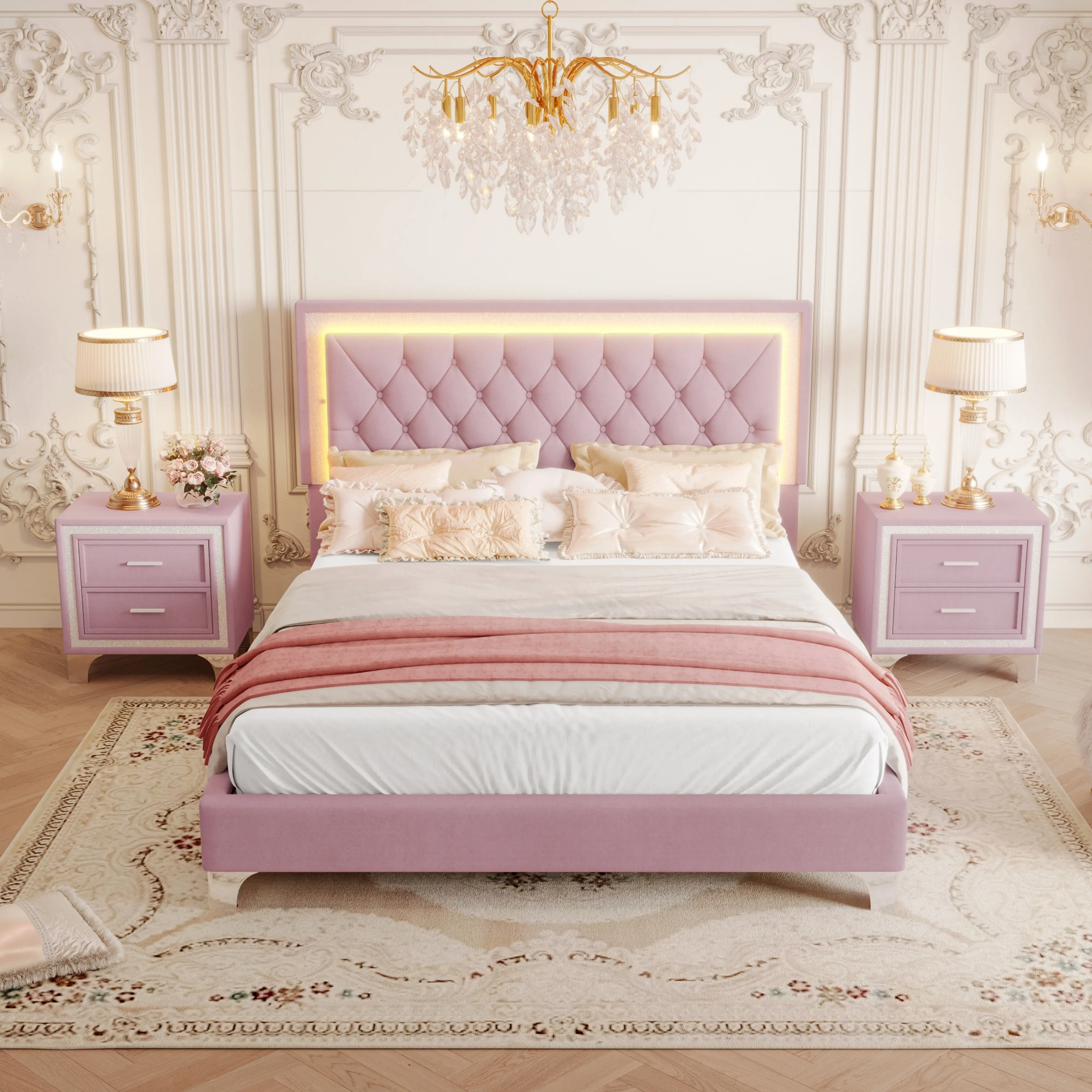 Bellemave Queen Size 3-Piece Modern Vintage Indoor Furniture Bedroom Set - Upholstered Platform Bed with LED Lights, Tufted Headboard, 2 Nightstands, Elegant Durable, Bedroom Sets