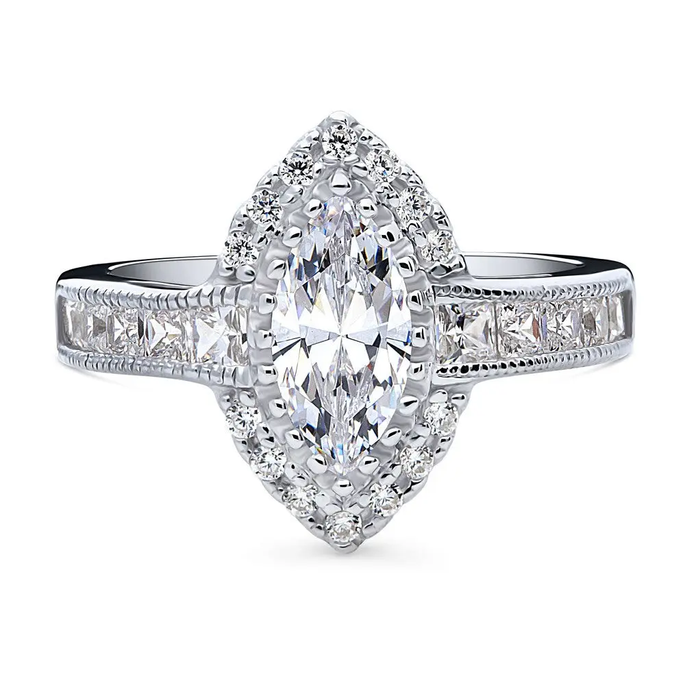 BERRICLE Sterling Silver Halo Milgrain Wedding Engagement Rings for Women, Marquise Cut Cubic Zirconia CZ Ring