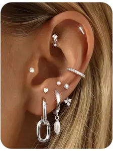 9 Pairs Small Stud Hoop Earrings for Women Hypoallergenic 14k Gold Plated Flat Back Earrings Surgical Steel Cartilage Earring Stack Set Silver Trendy Tragus Helix Piercing Jewellery