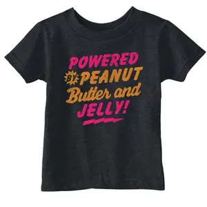 Toddler Funny T Shirts Powered By Peanut Butter and Jelly Sarcastic PB&J Graphic Novelty Tee for Toddlers Funny Toddler Shirts Sarcastic Apparel for Toddler Funny Food Apparel Childrens Graphic Tees Black