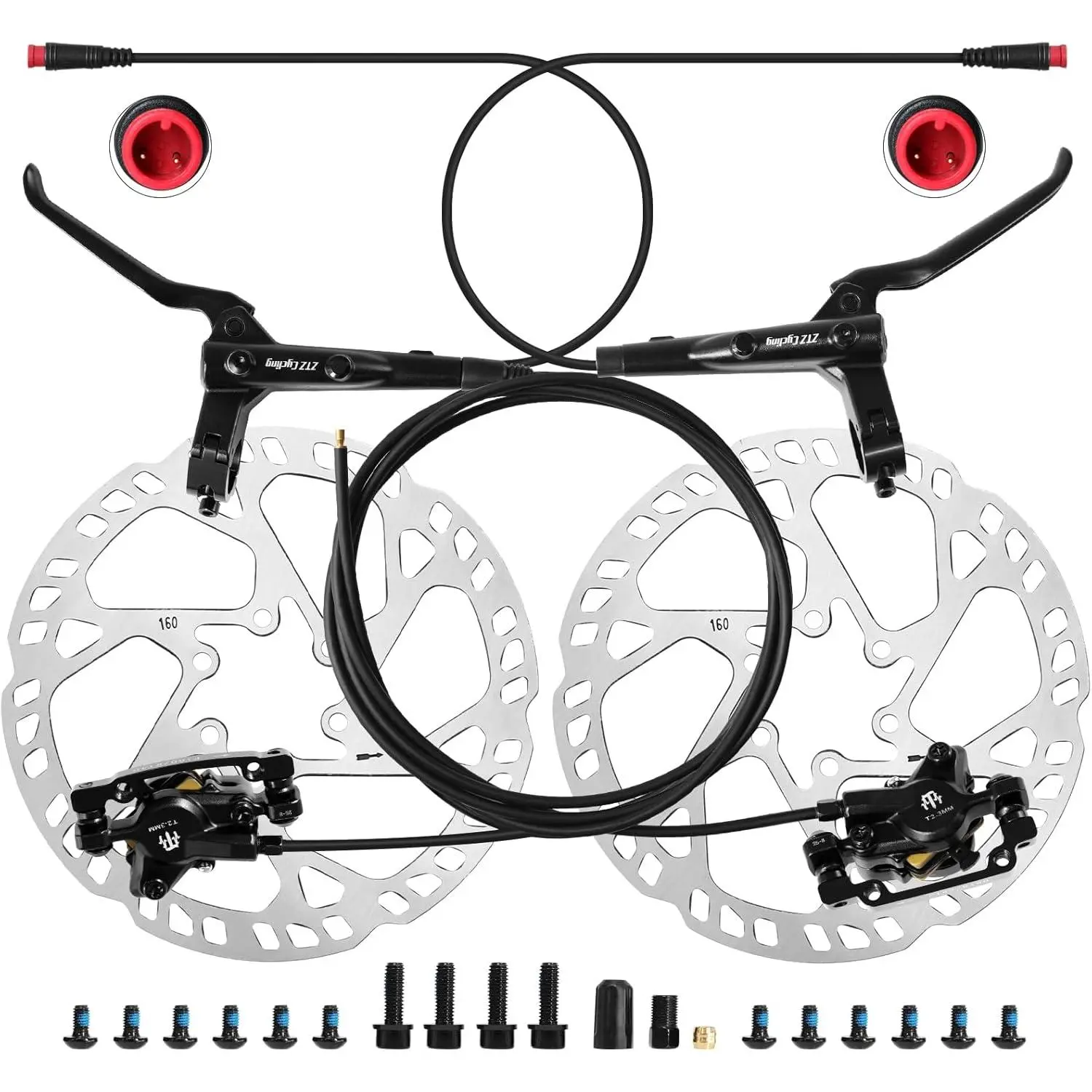 ZTZ E-Bike Hydraulic Disc Brake Set | 2-Piston 2-Pin Power-Off Brake System, Includes 160mm Rotors, Left Front 950mm / Right Rear 1880mm Hose, Universal Electric Bike Replacement Brakes