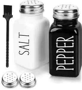2 Pack Salt and Pepper Shakers Set, Glass Shaker with Stainless Steel Lid, Modern and Cute Farmhouse (Black and White)