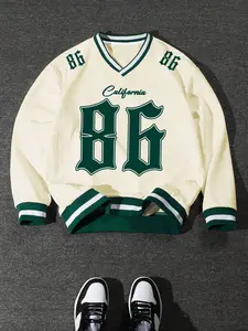 High Street Men's V-Neck Sweatshirt, Micro Stretch Design, Multiple Color Options, Letter Group Print, All Seasons Layered Innerwear