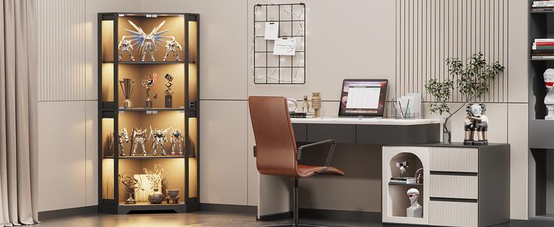 MIIFUNY Corner Display Cabinet with Glass Doors, 65" Lighted Curio Cabinet with 3 Color Lights for Collectibles, Toys, 4-Tier Showcase Display Case with Human Body Sensor for Living Room, Black