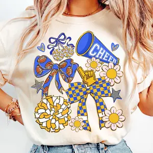 Cheer Coquette, Blue Gold Cheer Mom Tshirt, Cheerleading Tee, Preppy Cheerleader Coquette Bow Shirt, Cheer Season