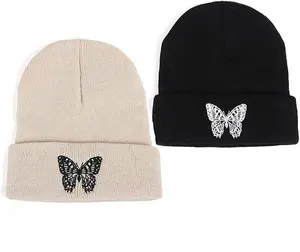 Embroidered Gothic Butterfly Beanie, Beanie Embroidered Gift, Gothic Graphic Knit, Winter Christmas Gift
