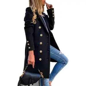 Womens Fall Winter Wool Coats Double Breasted Midi Peacoat Trench Coats