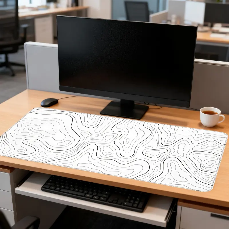 Large white abstract terrain line mouse pad (90 x 40 cm)- Snow Stone, washable anti-slip rubber office desk pad, suitable for office and gaming. Super large mouse pad, fashionable black and white design, perfect gift for festivals and special occasions