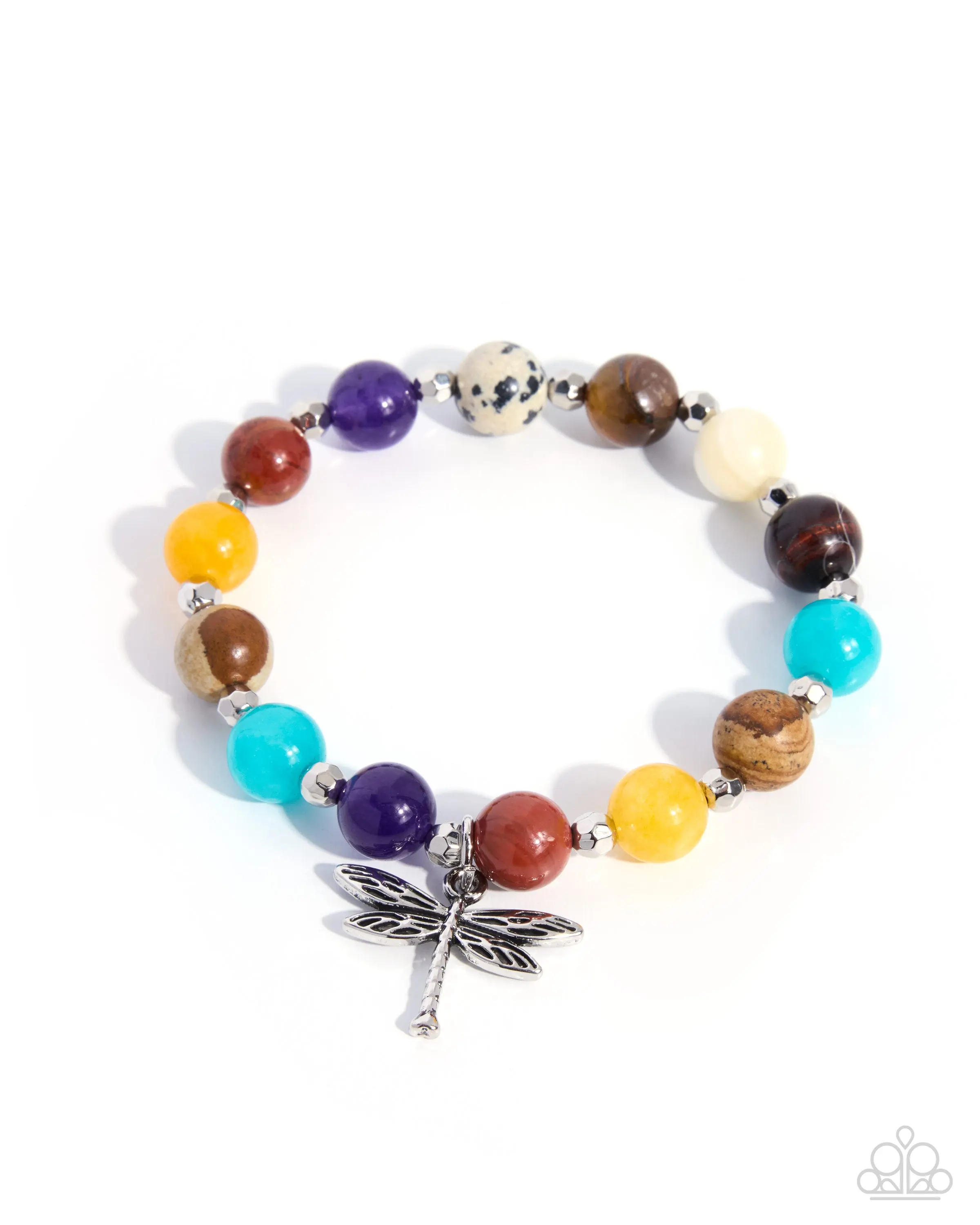 Dragonfly Delay - Multi Color Stone Silver Stretchy Bracelet - Paparazzi