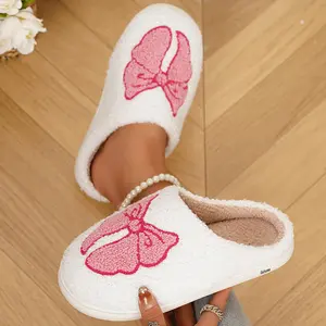 Women’s Plush House Slippers Bow Print Soft Warm Indoor Home Slippers Indoor Outdoor Shoes