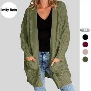 Imily Bela【1XL-5XL】Women's Cardigan Sweaters Long Sleeve Plus Size Solid Cable Knit Open Front Outerwear with Pockets