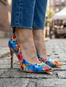 Women's Floral Print Satin Stiletto Heel Pumps, Multicolor Pointed Toe Slip On High Heels, Colorful Dress Heels for Office Party Wedding Footwear
