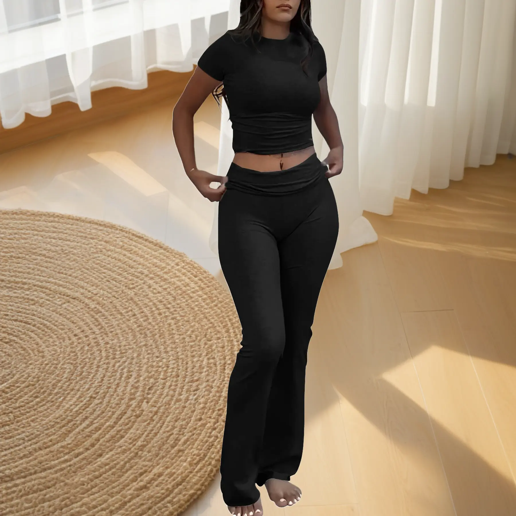 Casual solid color slim two-piece sports pants suit, short-sleeved round neck T-shirt + elastic flared pants, women's fitness yoga clothes, summer home clothes gym sport trouser yoga bootcut legging solid high waist sport legging