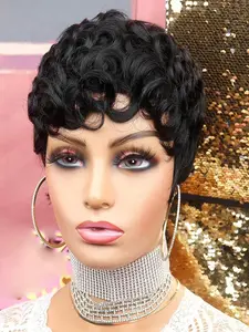 Black Pixie Cut wig for with Bangs Short Pixie Curly Layered Curled Natural Wavy  Short Curly Layered Pixie Wig for Women Color Body Wavy Wig