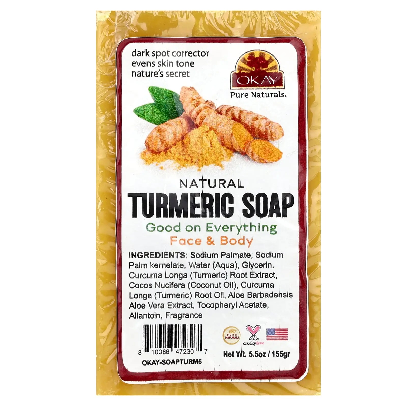 Okay Pure Naturals Natural Turmeric Bar Soap, Face & Body, 5.5 oz (155 g)