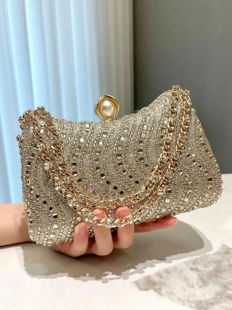 Women's Elegant Rhinestone Decorated Evening Bag, Exquisite Chain Strap Clutch Bag, Trendy Handbag for Party Decoration, Shoulder Clutch