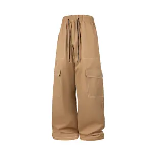 Men’s wide-leg cargo pants with contrast stitching, elastic waistband with drawstring, streetwear trousers with bold white stitching, breathable fabric—perfect for casual wear, street style, and everyday use.