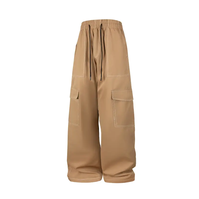 Men’s wide-leg cargo pants with contrast stitching, elastic waistband with drawstring, streetwear trousers with bold white stitching, breathable fabric—perfect for casual wear, street style, and everyday use.