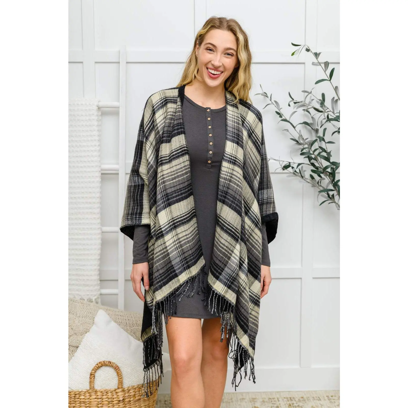 Plaid Fringe Trimmed Open Poncho in Black