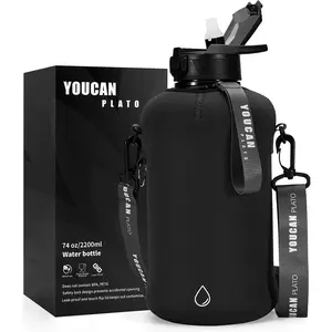 youcanplato 74 oz Half Gallon Water Bottle with Sleeve-Large Water Bottle -Big Gym Water Bottle for Man or Women with Straw- Gallon Water Jug with Handle -BPA Free- Leakproof, Workout bottle,Black |   with Sleeve, Large Water Bottle, Big Gym Water Bottle,