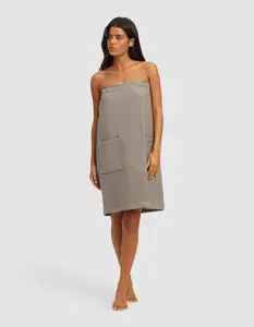 Casual Waffle Bath Wrap with Large Front Pockets and Adjustable Velcro - Towel