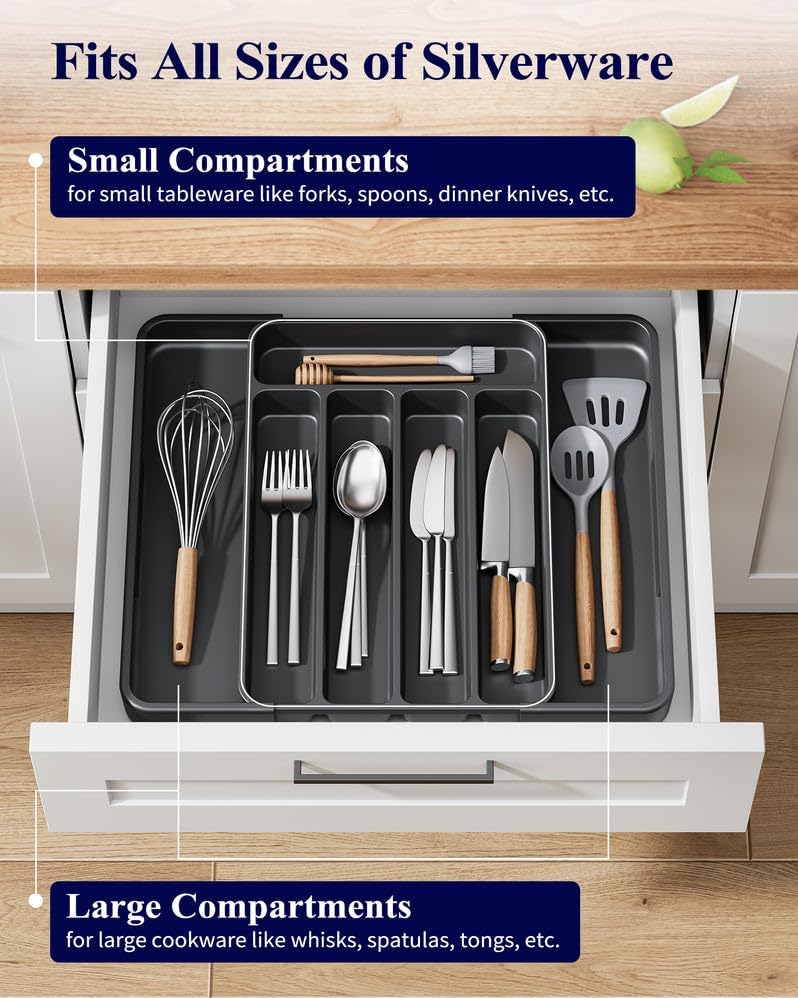 Super Deal Silverware Organizer Expandable Kitchen Utensil Drawer Organizer with 8 Compartment Large Cutlery Organizer Tray for Forks Knives, BPA Free Flatware and Cutlery Holder