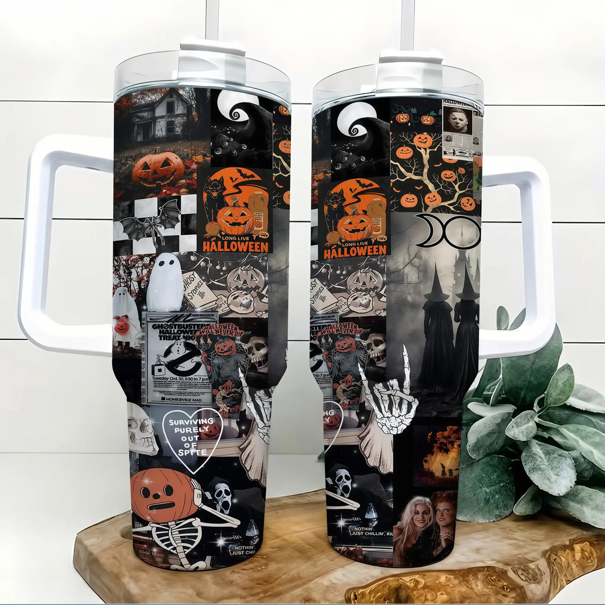 Halloween Haunted Collage 40oz Insulated Tumbler with Handle and Straw Pumpkin Ghost Witch Skeleton Spooky Art Stainless Steel Water Bottle Travel Mug for Gym Car Commute Birthday Gift