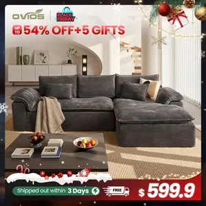 【2 Packages Shipping】Ovios 113" Modular Cloud Couch with Chaise, Upgraded Double Layer Seat Cushion Plush Corduroy, No Assembly Required - L-Shaped Sectional Sofa Set with Flexible Configuration - 3 Seater