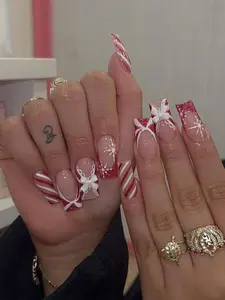 24PCS Christmas Long Ballet Press-On Nails – Snowflakes, Gingerbread & 3D Bow Design