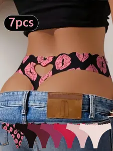 Women's Plain / Heart Print Thong, Breathable Comfortable Panty for Daily Wear, Women's Underwear for All Seasons, Seamless Crotch Design