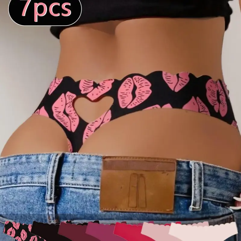 Women's Plain / Heart Print Thong, Breathable Comfortable Panty for Daily Wear, Women's Underwear for All Seasons, Seamless Crotch Design, Fashion Comfy Underwear, Printed Panties, Slim Fitting Underwear