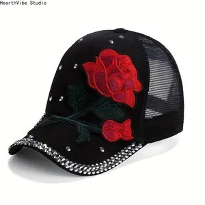 Women's Red Rose Patch Trucker Hat, Classic Embroidered Mesh Breathable Baseball Cap, Rhinestone Decor, Adjustable Dad Hats for Women