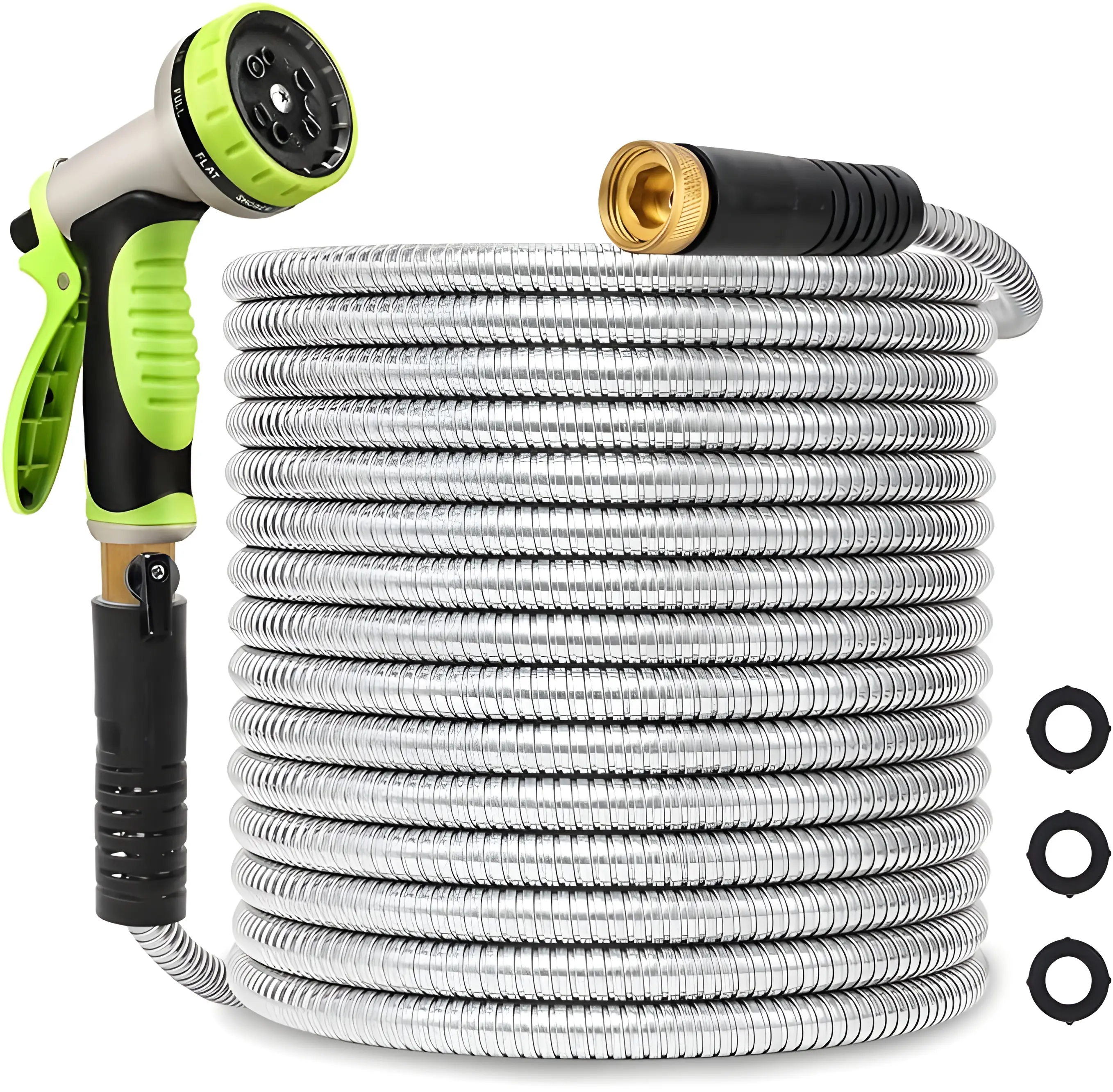 100ft Metal Garden Hose Stainless Steel Hose Heavy Duty Flexible Water Hose with 10 Way Spray Nozzle 3/4 Solid Brass Fittings-Outdoor Yard 1