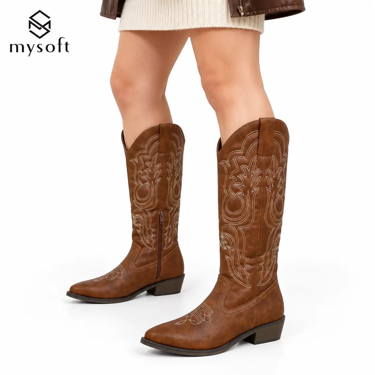 MySoft Women's Embroidered Mid-Calf Cowgirl Boots - Pointed Toe, Chunky Angled Block Heel, Slip-On Textured PU Statement Decor - for Rodeo Outfit Inspo, Western OOTD, Cowgirl Fashion, Casual All-Seasons Wear