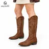 MySoft Women's Classic Embroidered Mid-Calf Western Ranch Cowgirl Boots - Breathable Pointed Toe, Chunky Angled Block Heel, Slip-On Textured PU Decor - All Seasons, Cowboy Aesthetic, Country Concert Outfit Footwear