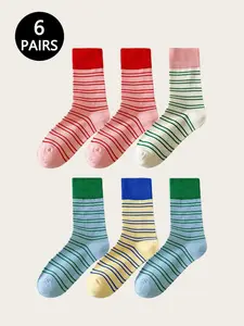 Women's Colorful Candy Striped Round Neck Socks, 6 Pairs, All-Season Wear, Comfortable and Stylish, Perfect for Daily Use, Casual Comfy Socks