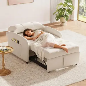 Sleeper Sofa Chair Bed, 3-in-1 Convertible Sleeper Chair with Pillow & Pocket,Small Couch Bed in Soft Cotton Linen for Living Room, Bedroom, Study, Apartment (Beige)