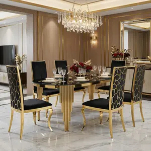 7 Pieces Modern Luxury Oval Dining Table and Chairs set, Elegant Household Kitchen Table with 6 Plush Black Velvet Padded Seats, Sleek Tempered Glass Tabletop & Shiny Gold Stainless Steel Support Legs, Stylish Kitchen Home Furnishing