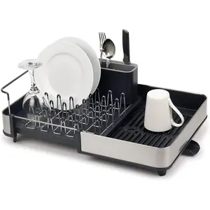 Extendable Dish Drying Rack with Dual Parts - Stainless Steel, Non-Scratch, Movable Utensil Drainer & Drainage Spout, Gray