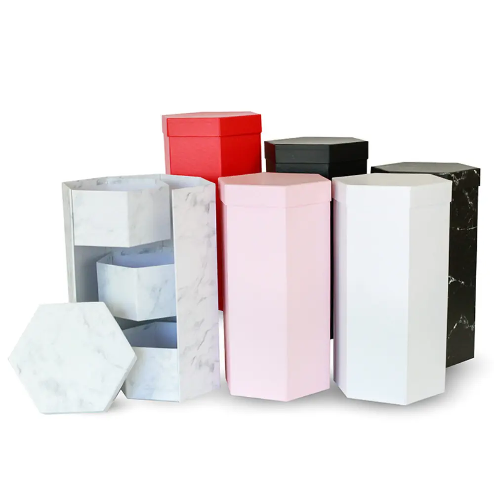 Hexagon Shape Surprise Flower Gift Box, 3 Tier, 8.5"x 7.4"x 15", Various Colors | W73